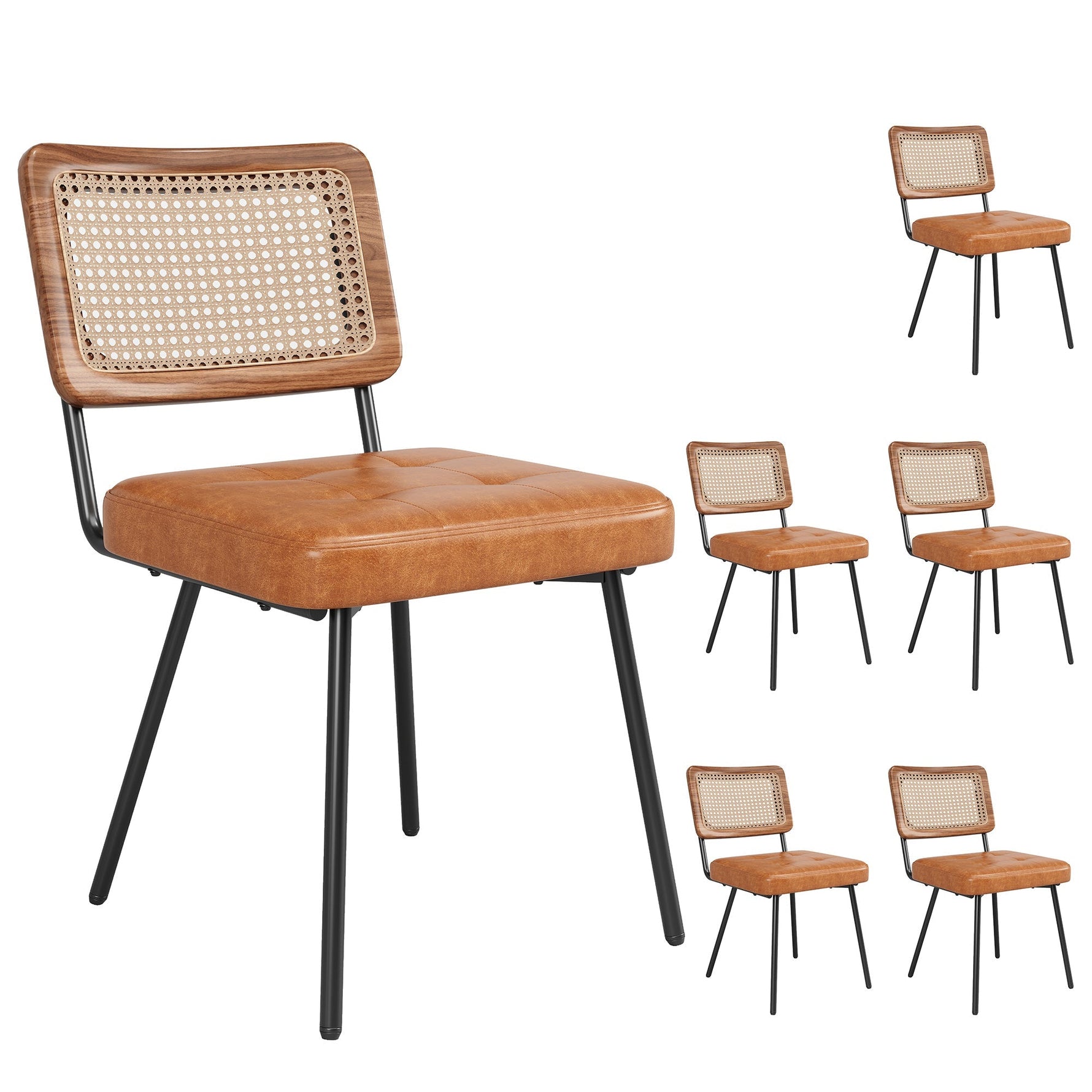 Ergonomic Rattan Dining Chairs with Vanity and Lounge Function, Set of 6, Faux Leather