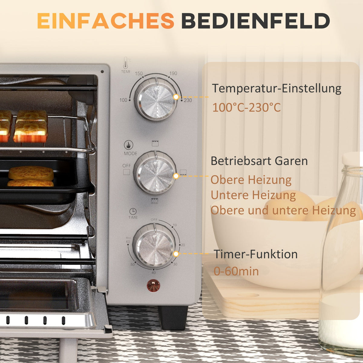 Small Oven 21L 100°C-230°C 3 Cooking Modes Stainless Steel Silver