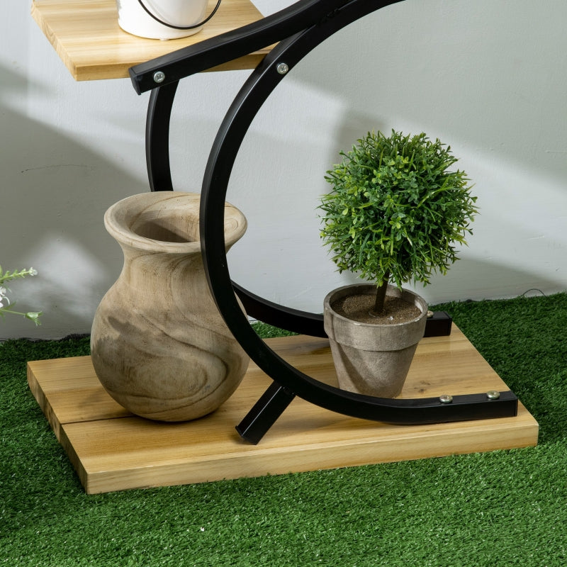 Plant Shelf S-Shaped 4-Tier Stand with Metal Frame and Solid Wood, Black
