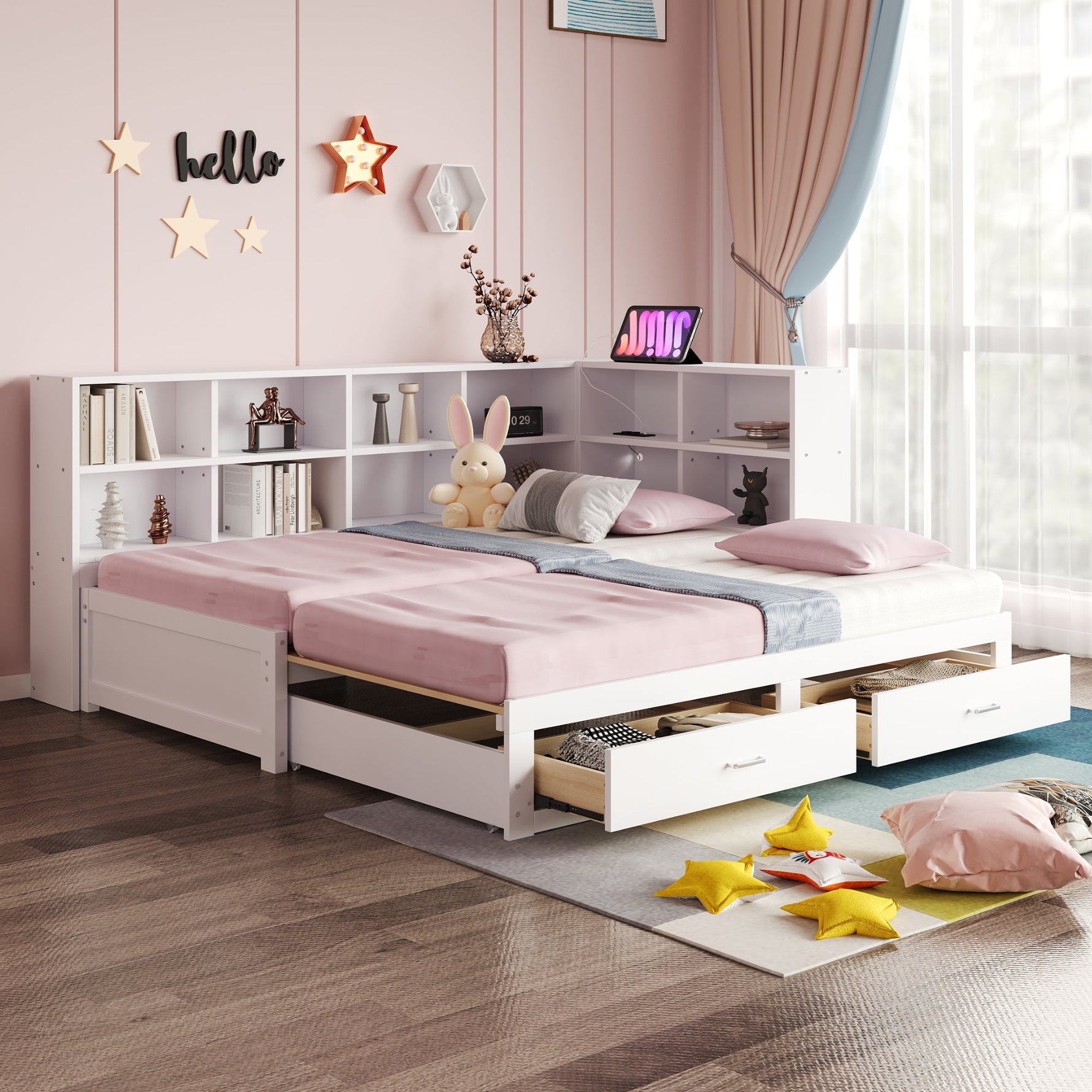 Solid Wood Sofa Bed 90/180*190cm Pull-Out Storage Drawers, White