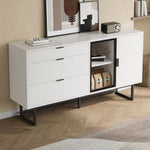 Sideboard Buffet Cabinet with 3 Drawers, Glass Doors and LED Lights, White Wood