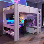 Loft Bed 140x200cm Gaming Desk LED Drawer Shelves - White