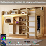 Multifunctional Loft Bed 90x200cm with Desk & Wardrobe, Wood