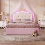 Upholstered Bed 140x200cm Pull-out 2 Drawers Ambient LED Princess Design - Pink PU