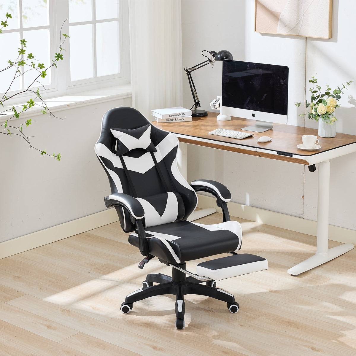 Gaming Chair 360° Swivel Ergonomic Racing High-Back Adjustable Footrest Headrest Lumbar Support - Black & White Leather