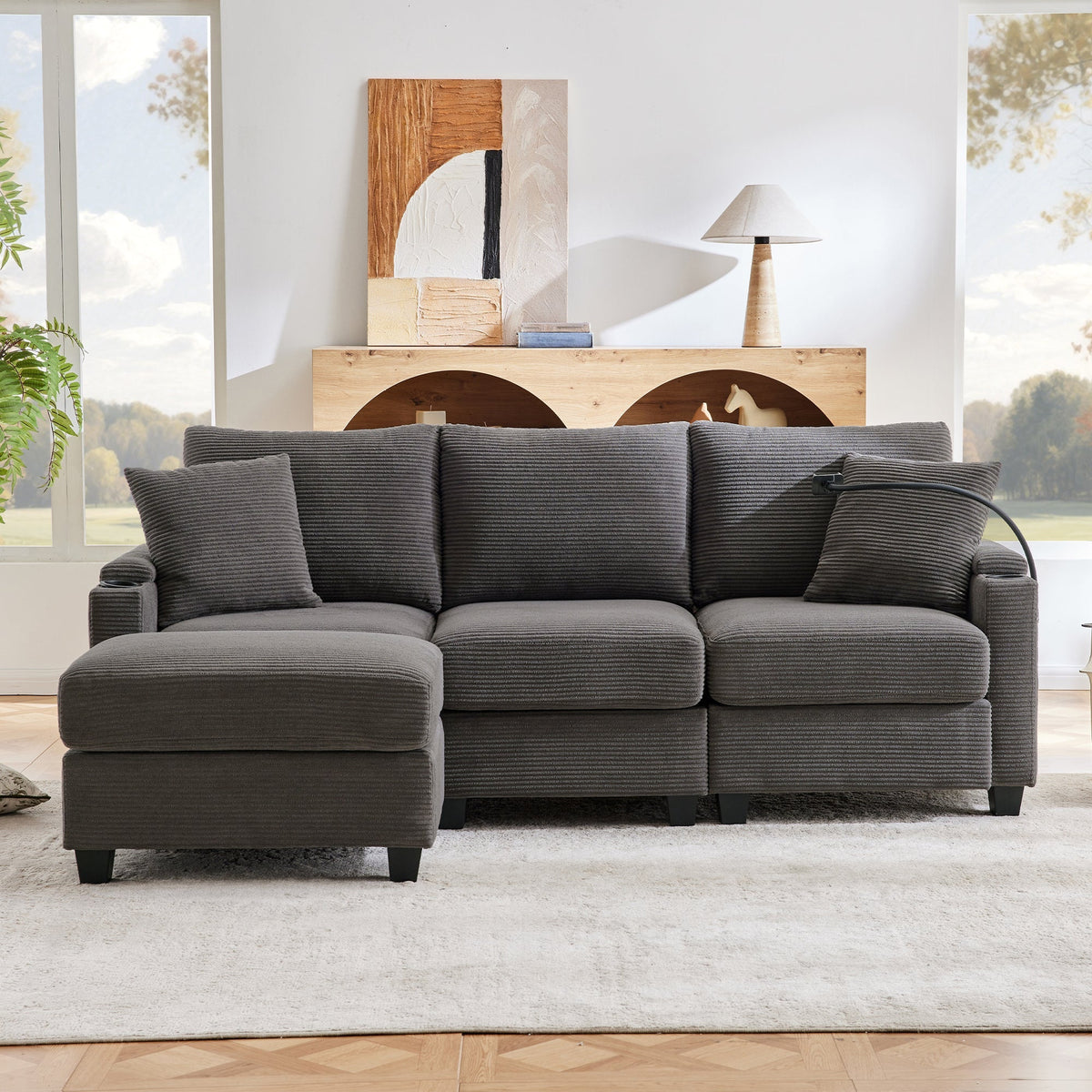 L-shaped Corner Sofa, Convertible 3-Seater with Footstool, Cup Holder, USB Charger, Armrest Storage, Dark Gray