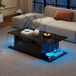Coffee Table, Living Room Sofa Table with LED, High-Gloss, Tempered Glass, 2 Cabinets, Black Chipboard