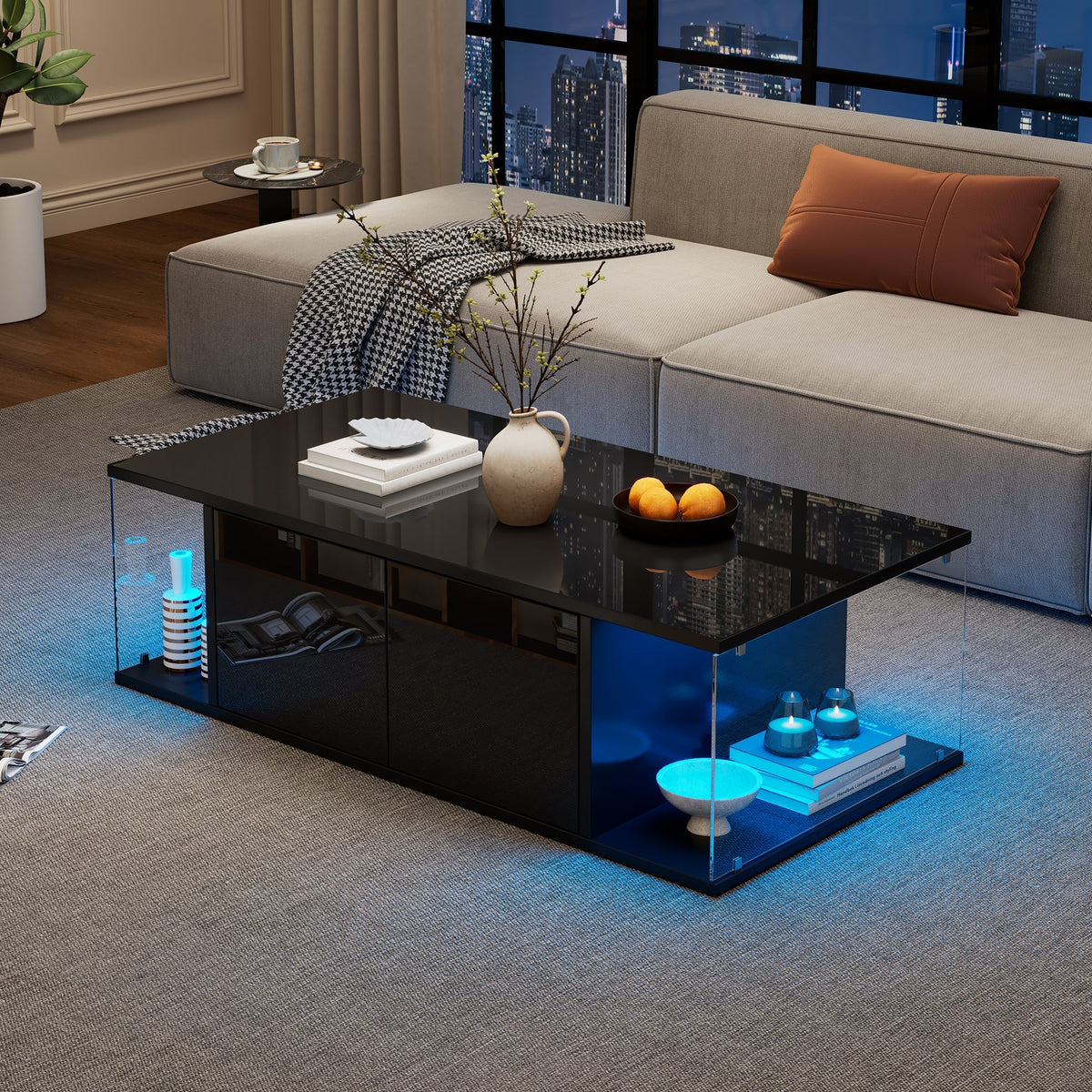 Coffee Table, Living Room Sofa Table with LED, High-Gloss, Tempered Glass, 2 Cabinets, Black Chipboard