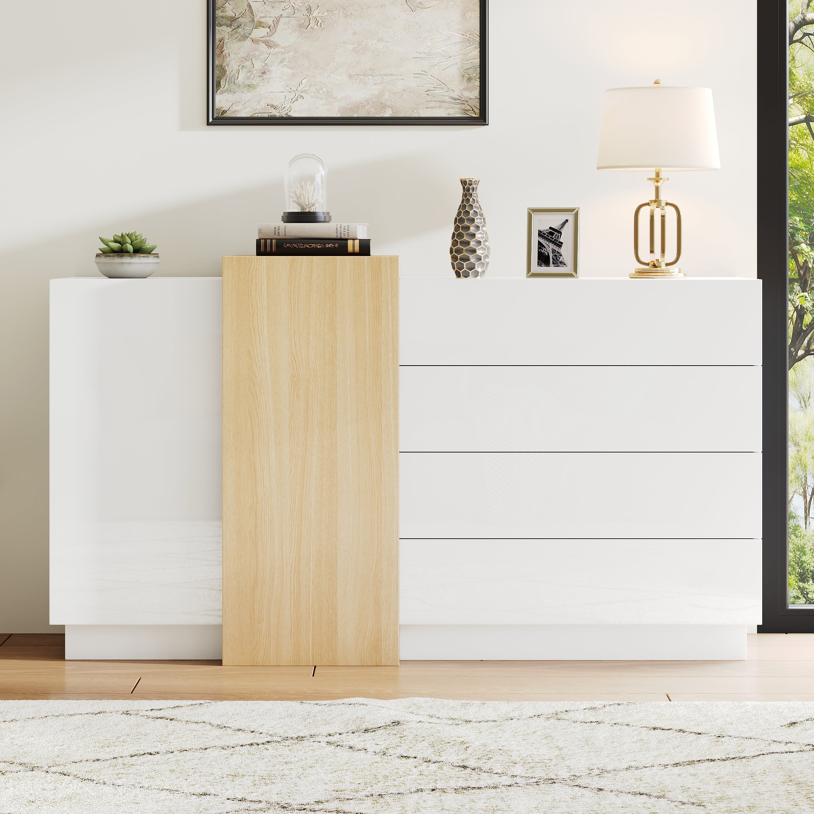 Sideboard Storage Cabinet, High-Gloss Modern Wood-Colored White