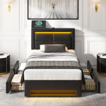Upholstered Bed 90x200cm LED USB Charging 4 Drawers - Black PU Lychee