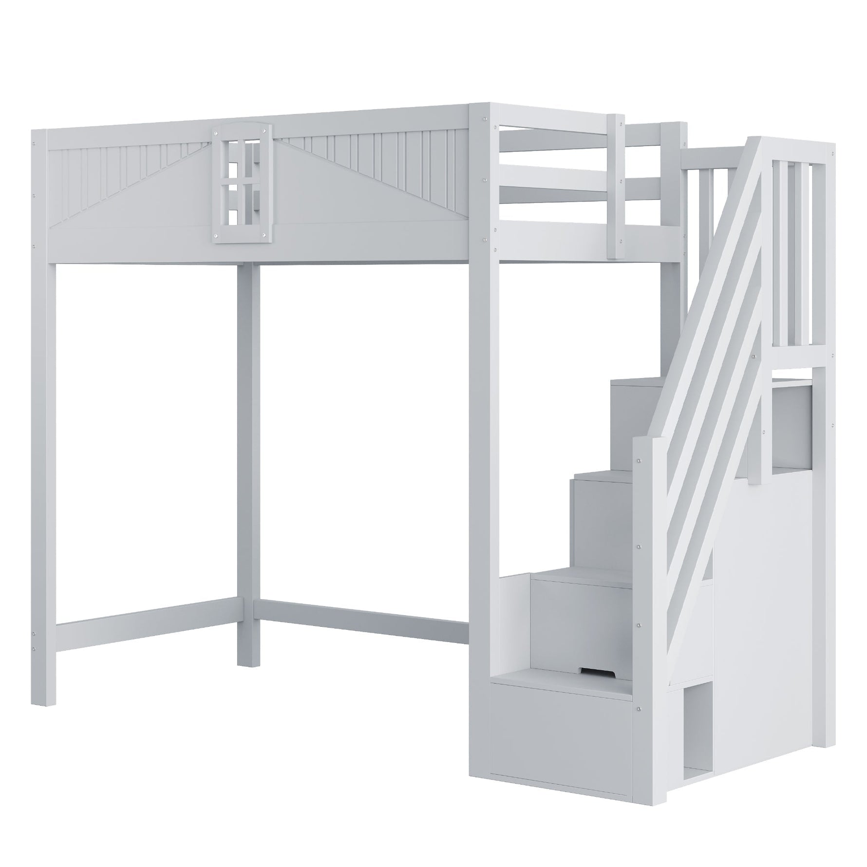 Solid Wood Loft Bed with Safety Door and Storage Ladder, 90 x 200 cm, Grey