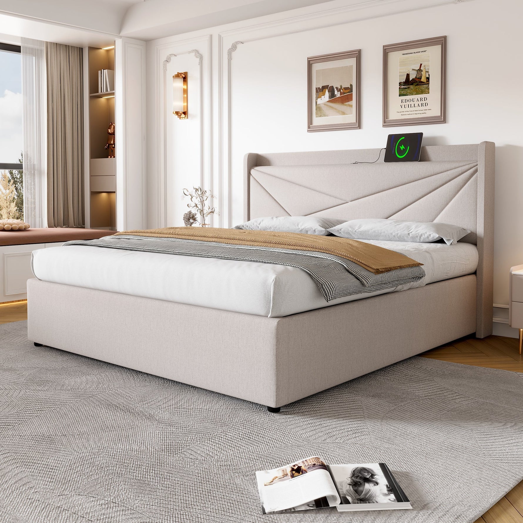 Upholstered Double Bed with Storage and USB Charging, 180x200cm, Grey Linen
