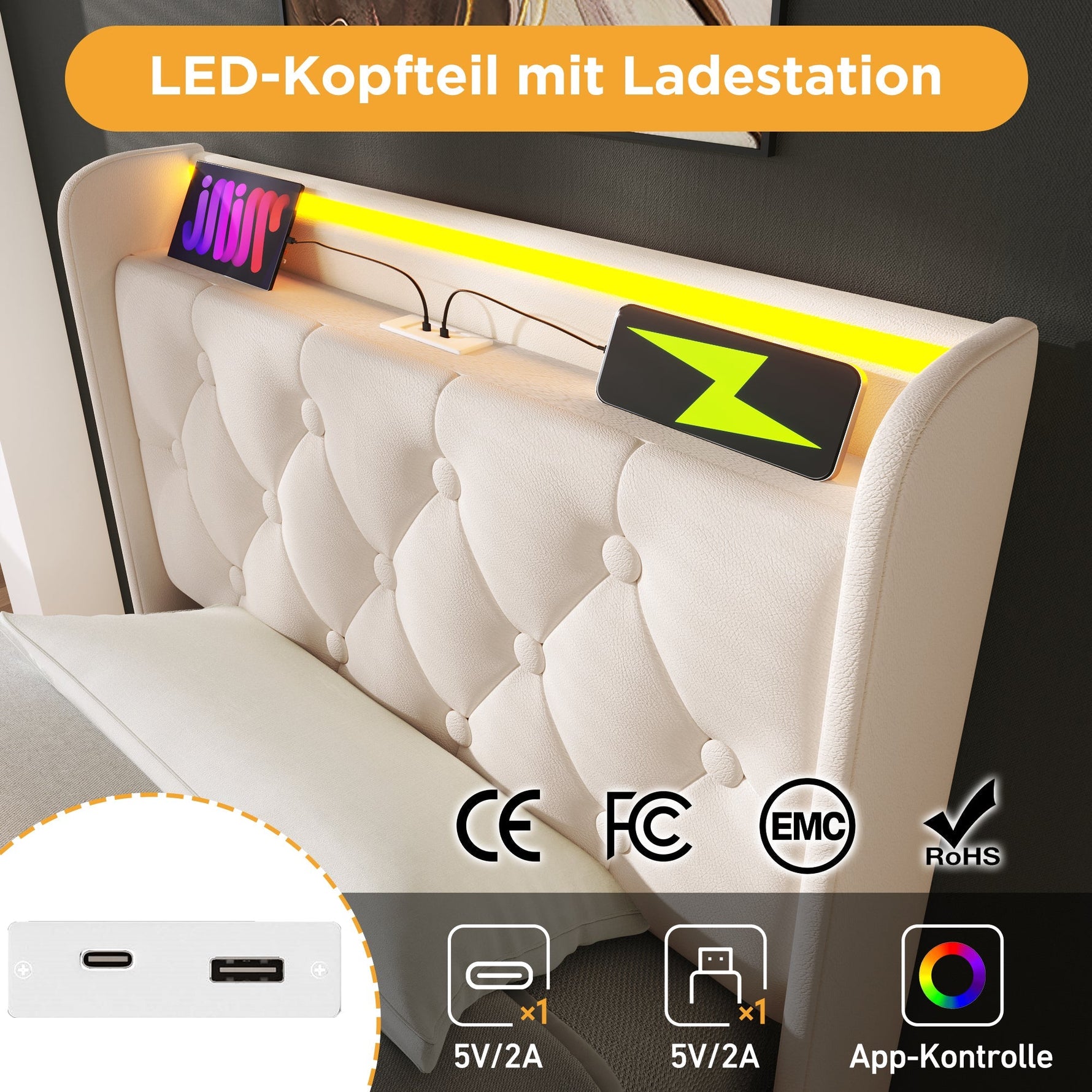 Upholstered Single Bed, 360° LED, Hydraulic Storage, USB-C Charging, White PU