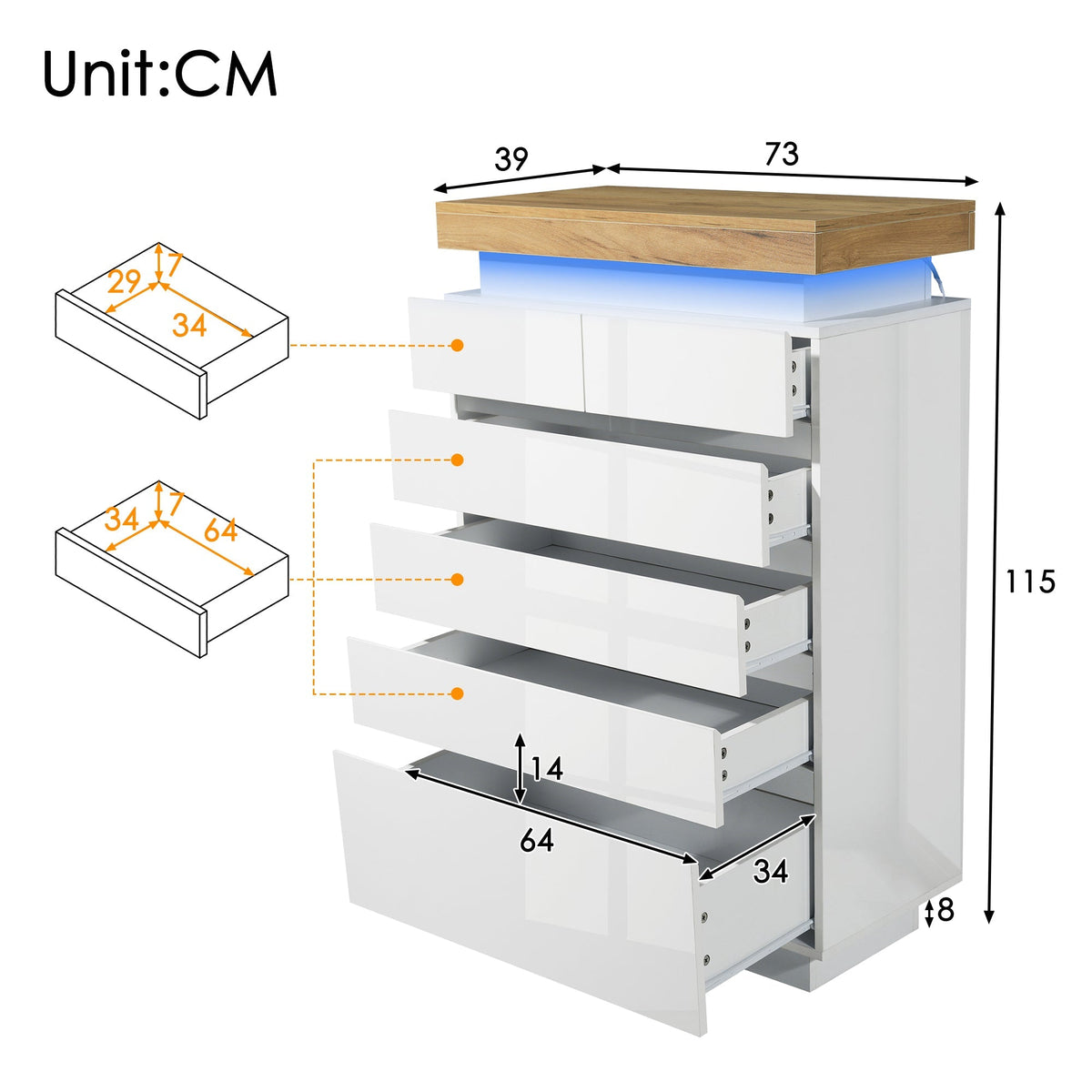 Chest of Drawers, 6-Drawer LED High-Gloss Sideboard, White