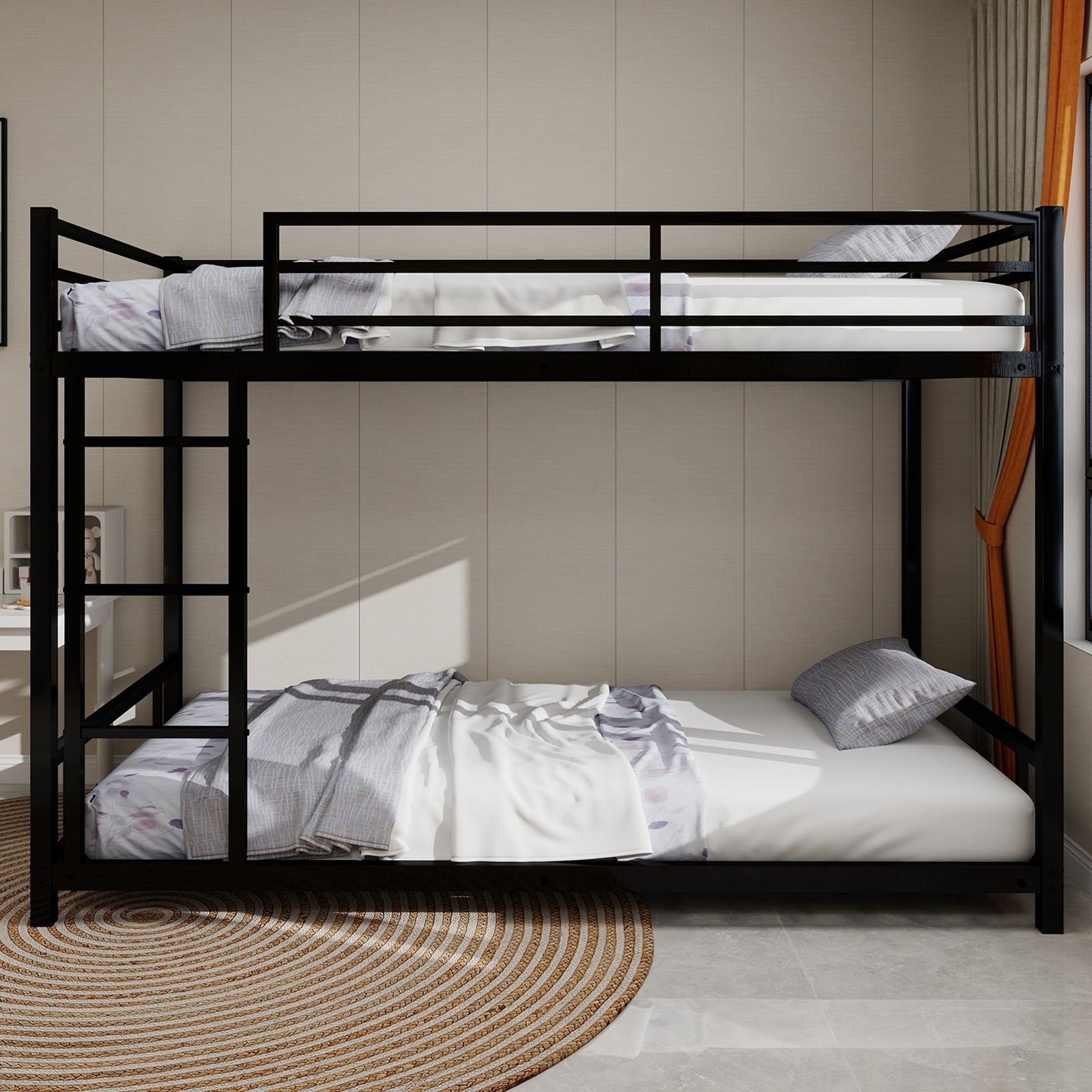 Metal Bunk Bed, Two Single Beds, Heavy-Duty, Quiet, Safety Railing, No Box Spring Required, Metal