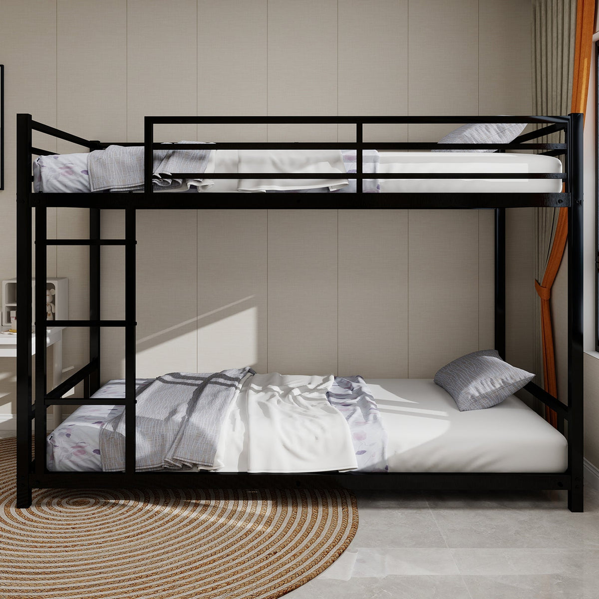 Metal Bunk Bed, Two Single Beds, Heavy-Duty, Quiet, Safety Railing, No Box Spring Required, Metal