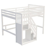 Solid Wood Bed, 140x200 with Stairs & Storage, High Railing, White