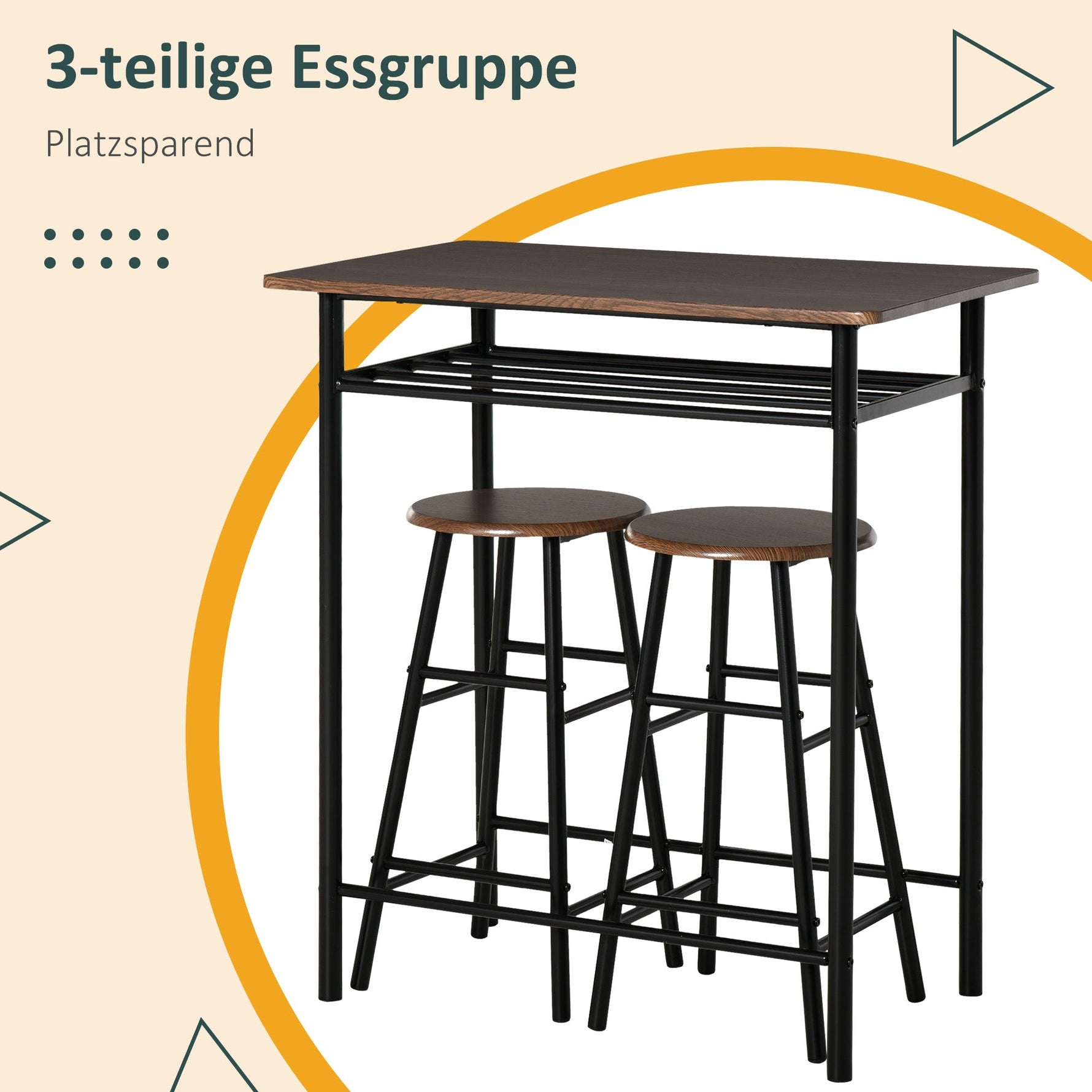 Bar Table Set, 3-Piece Dining Table with 2 Bar Stools, Storage Shelf, Metal Black