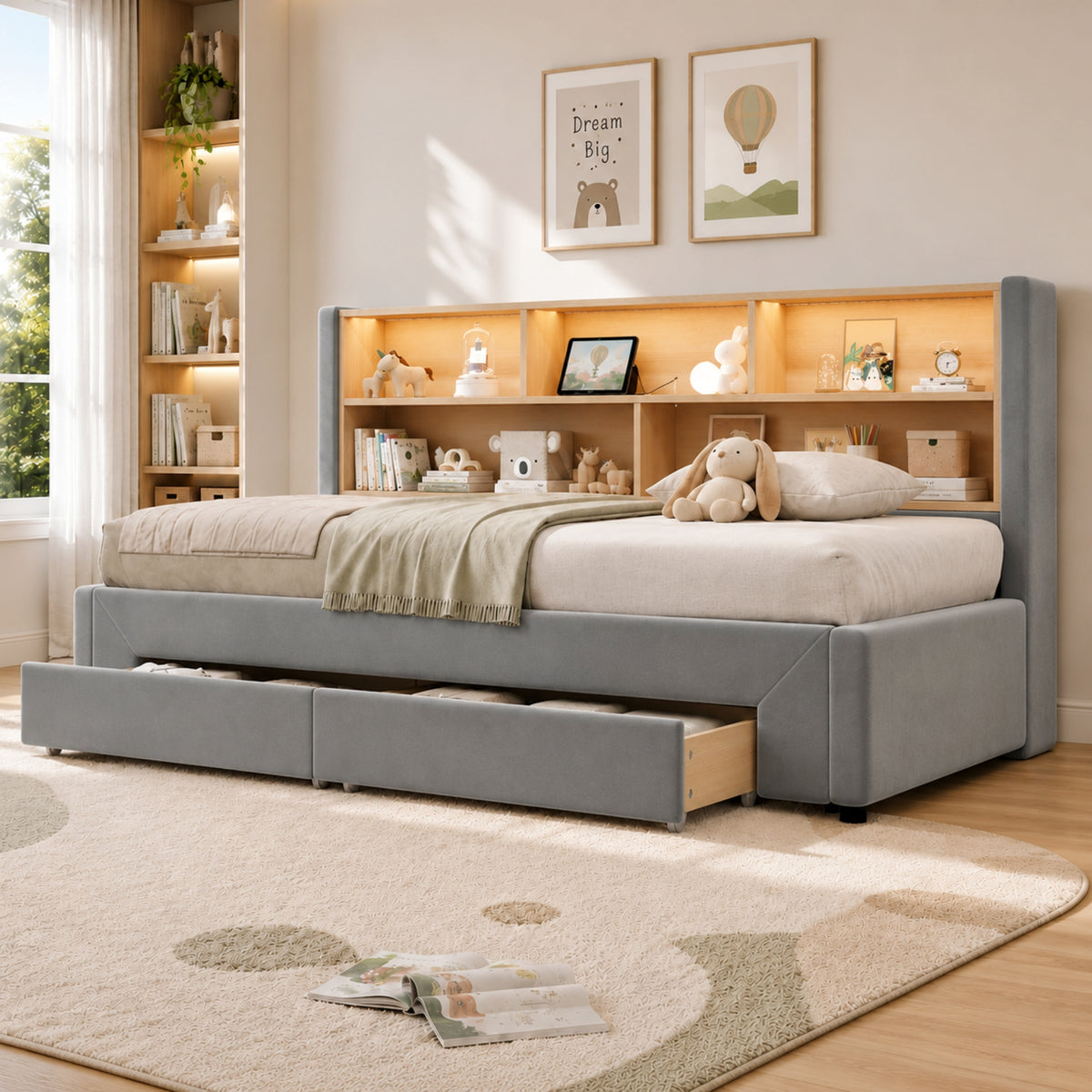 Upholstered Daybed, Extendable with 2 Drawers & USB, Grey Velvet
