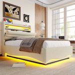 Upholstered Bed with LED Lighting, Hydraulic Storage, and USB Ports, Beige Linen Fabric