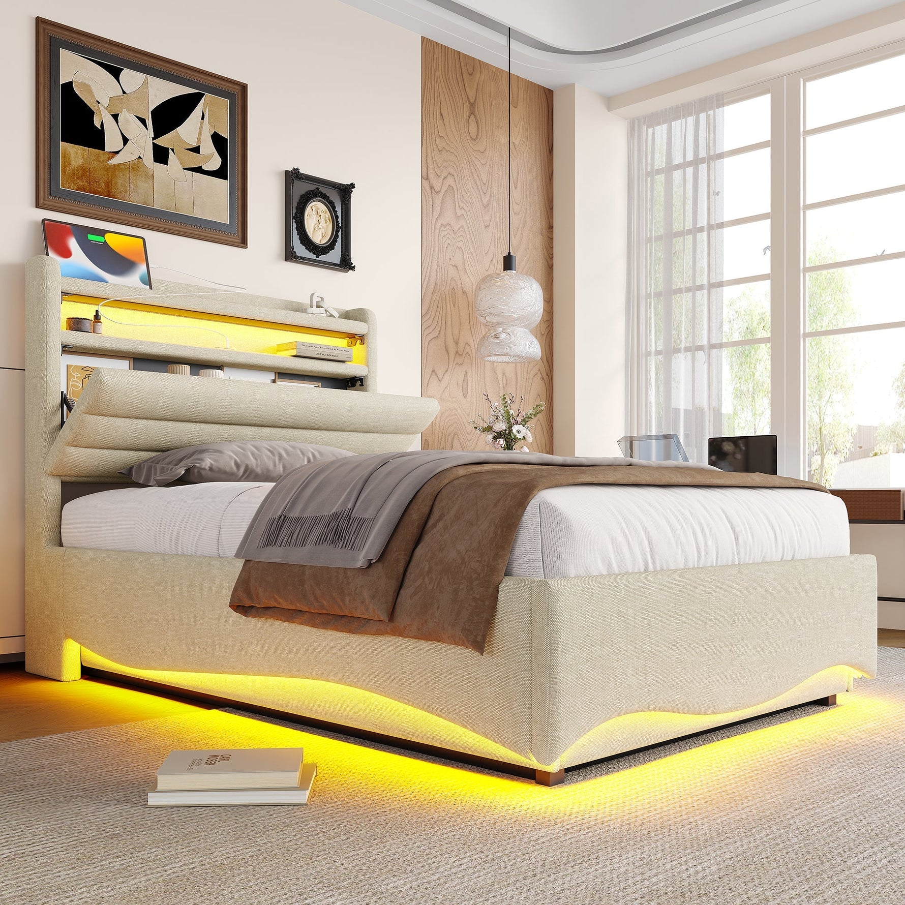 Upholstered Bed with LED Lighting, Hydraulic Storage, and USB Ports, Beige Linen Fabric