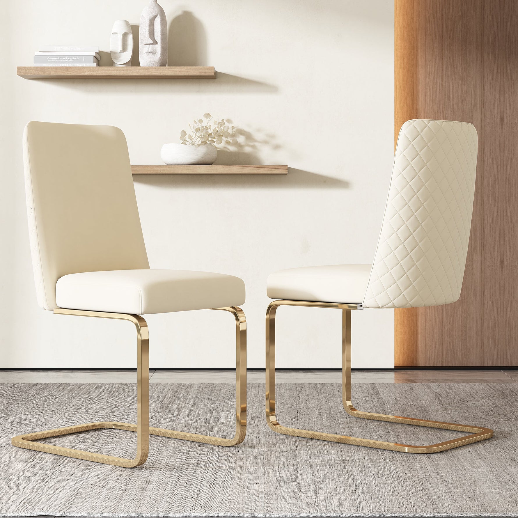 Velvet Dining Chair Set of 2 Diamond Back Gold Legs - Beige