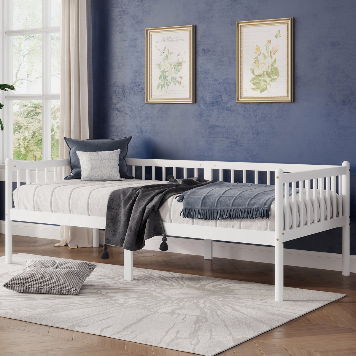 Pine Wood Daybed 90x200cm Sofa Bed with Railings & Slats, White
