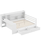 Solid Wood Sofa Bed, 140x200 cm, with Desk, Bookshelf, Storage, Power Outlet, White
