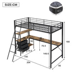 Iron Bunk Bed with Table, 3 Drawers, Ladder, 90x200cm, Black/Dark Walnut