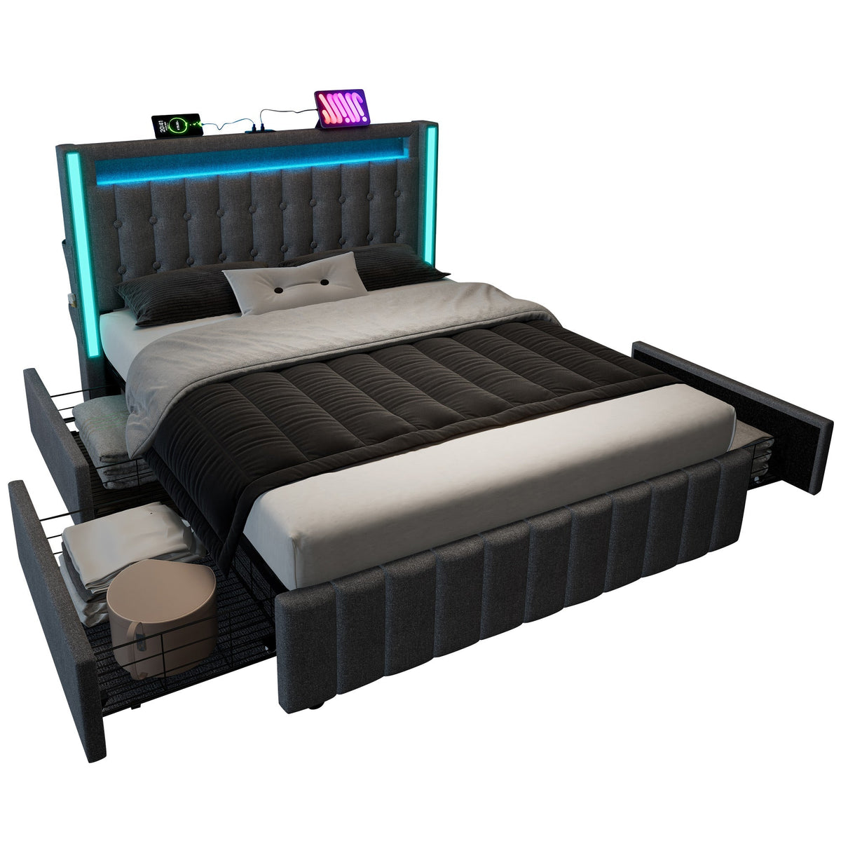 Upholstered Bed, USB Type C, LED, 4-Drawer, 140x200cm, Gray