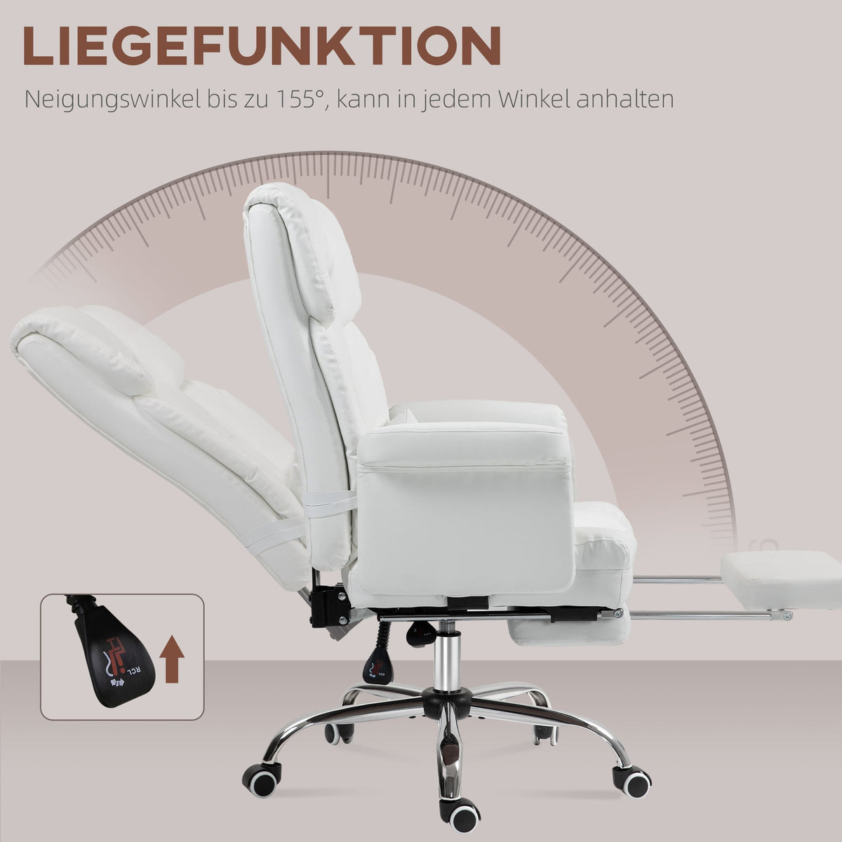 Office Chair, Ergonomic Reclining with Footrest, White Faux Leather