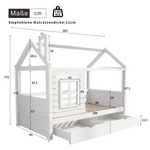 House Bed 90x200 with Fall Protection & Window, Solid Wood White