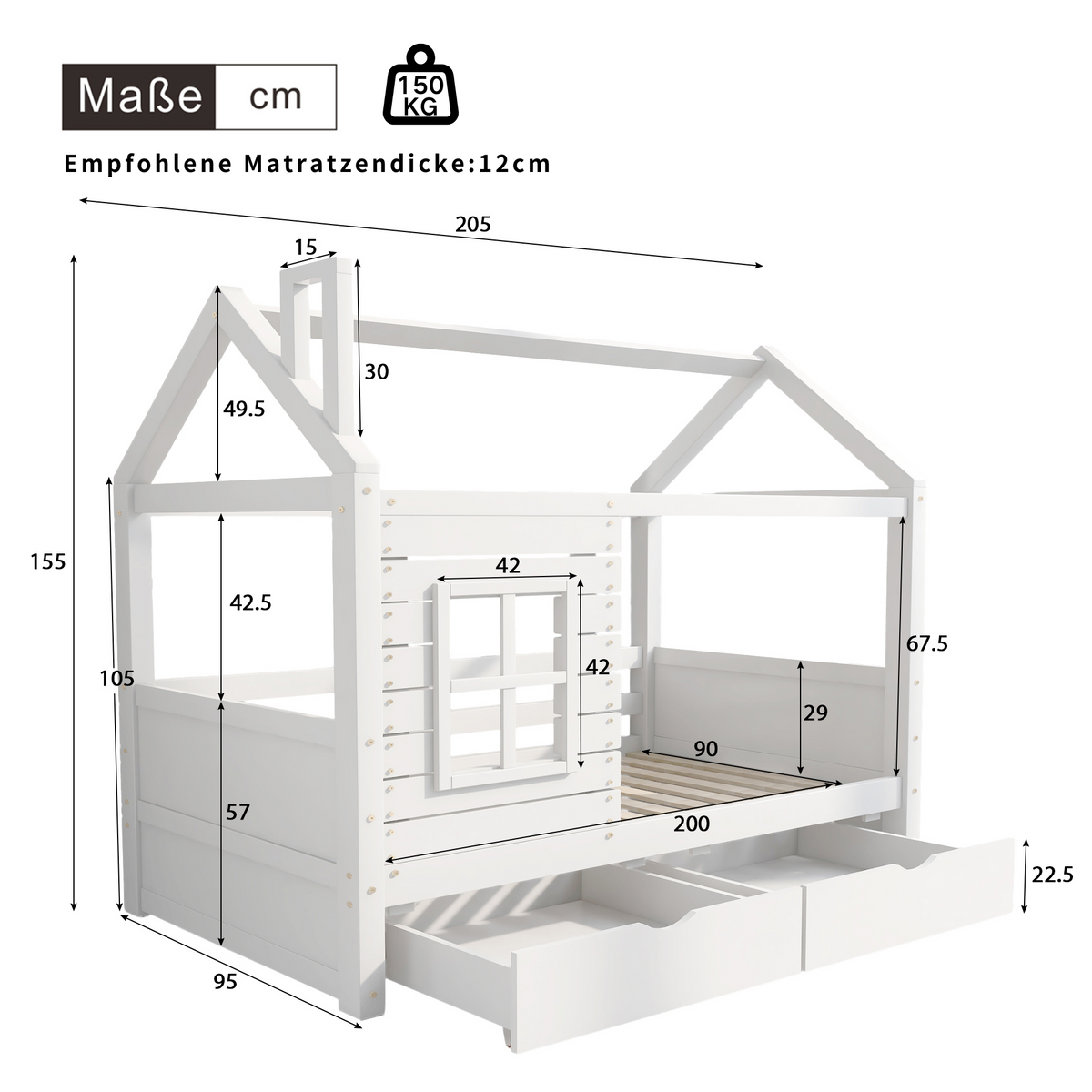 House Bed 90x200 with Fall Protection & Window, Solid Wood White