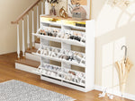 Shoe Cabinet 6 Drop-Down Compartments LED Lighting Open Storage White Natural Finish