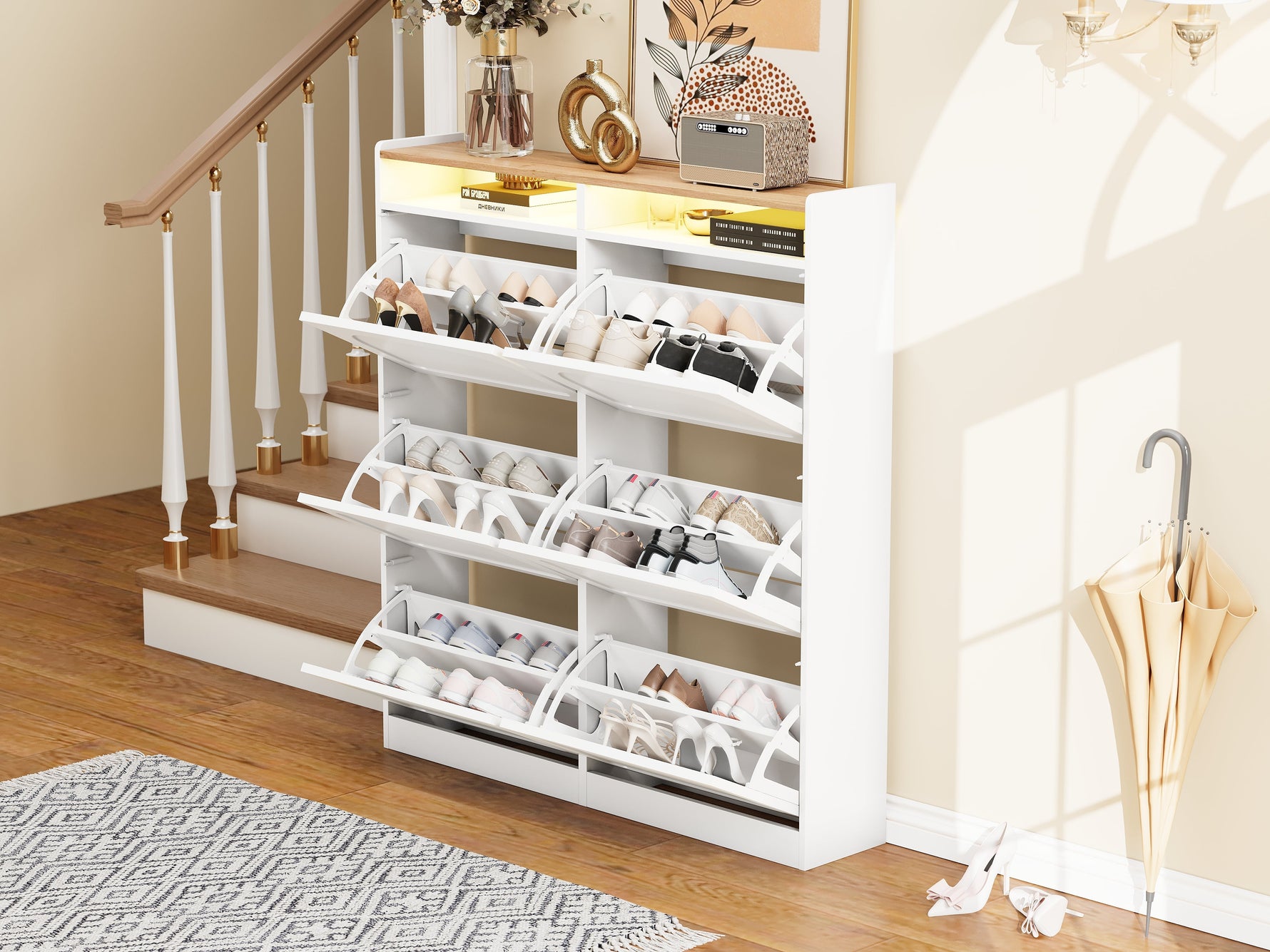 Shoe Cabinet 6 Drop-Down Compartments LED Lighting Open Storage White Natural Finish