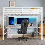 Loft Bed with Desk, USB Ports and LED Light Strip, White Metal