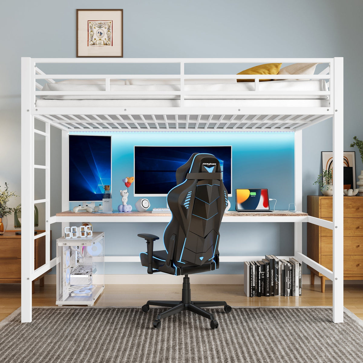 Loft Bed with Desk, USB Ports and LED Light Strip, White Metal