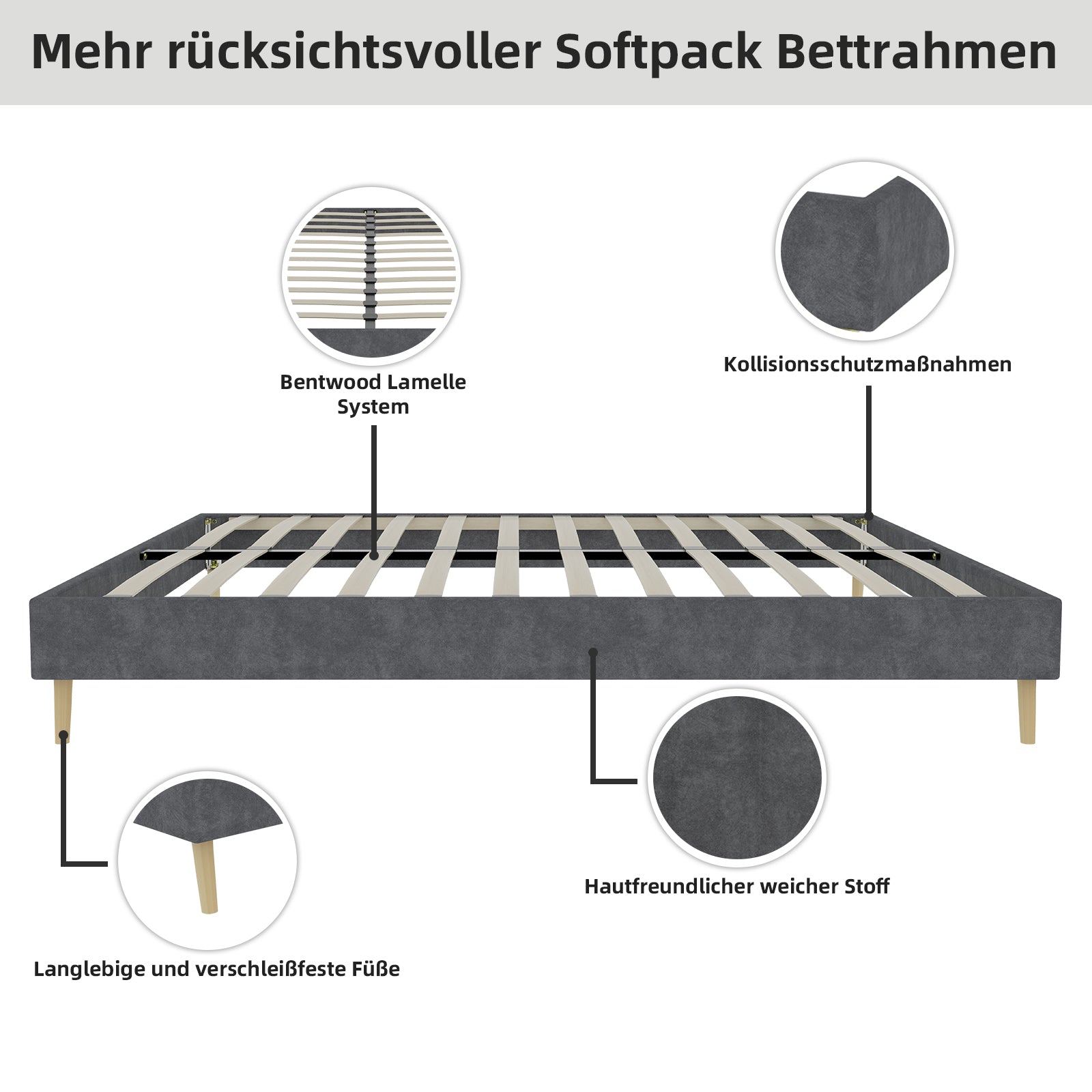 Modern Minimalist Bed Frame - 160x200 cm, Low-Profile, Grey Dutch Velvet