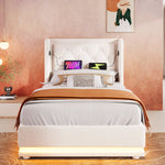 Upholstered Single Bed, Hydraulic Storage with USB & LED, Beige Cotton