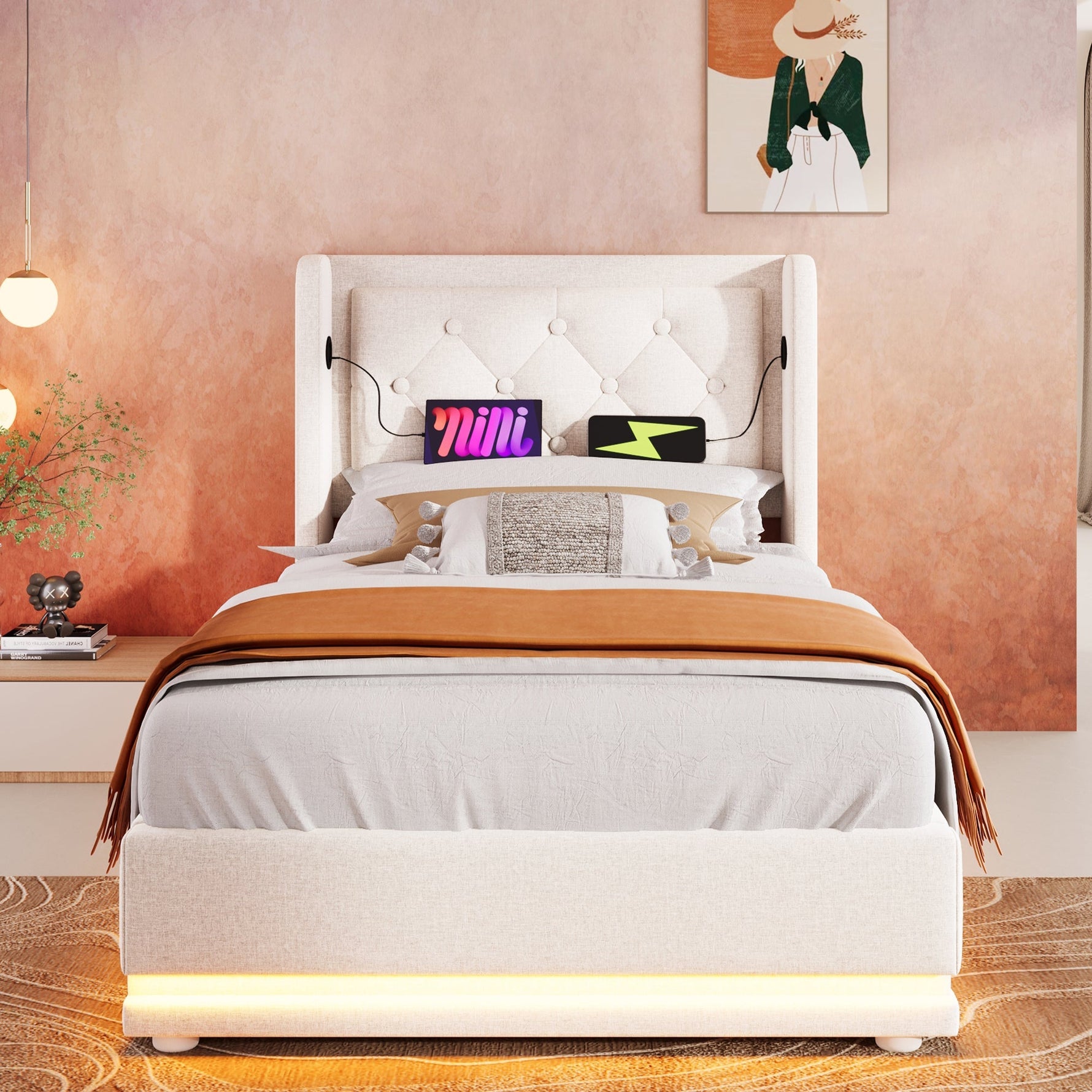 Upholstered Single Bed, Hydraulic Storage with USB & LED, Beige Cotton