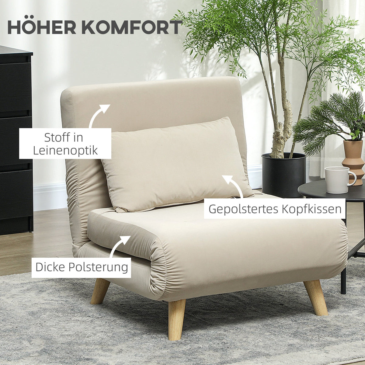Folding Recliner Chair, Bed Function Adjustable Backrest, Velvet Look Beige