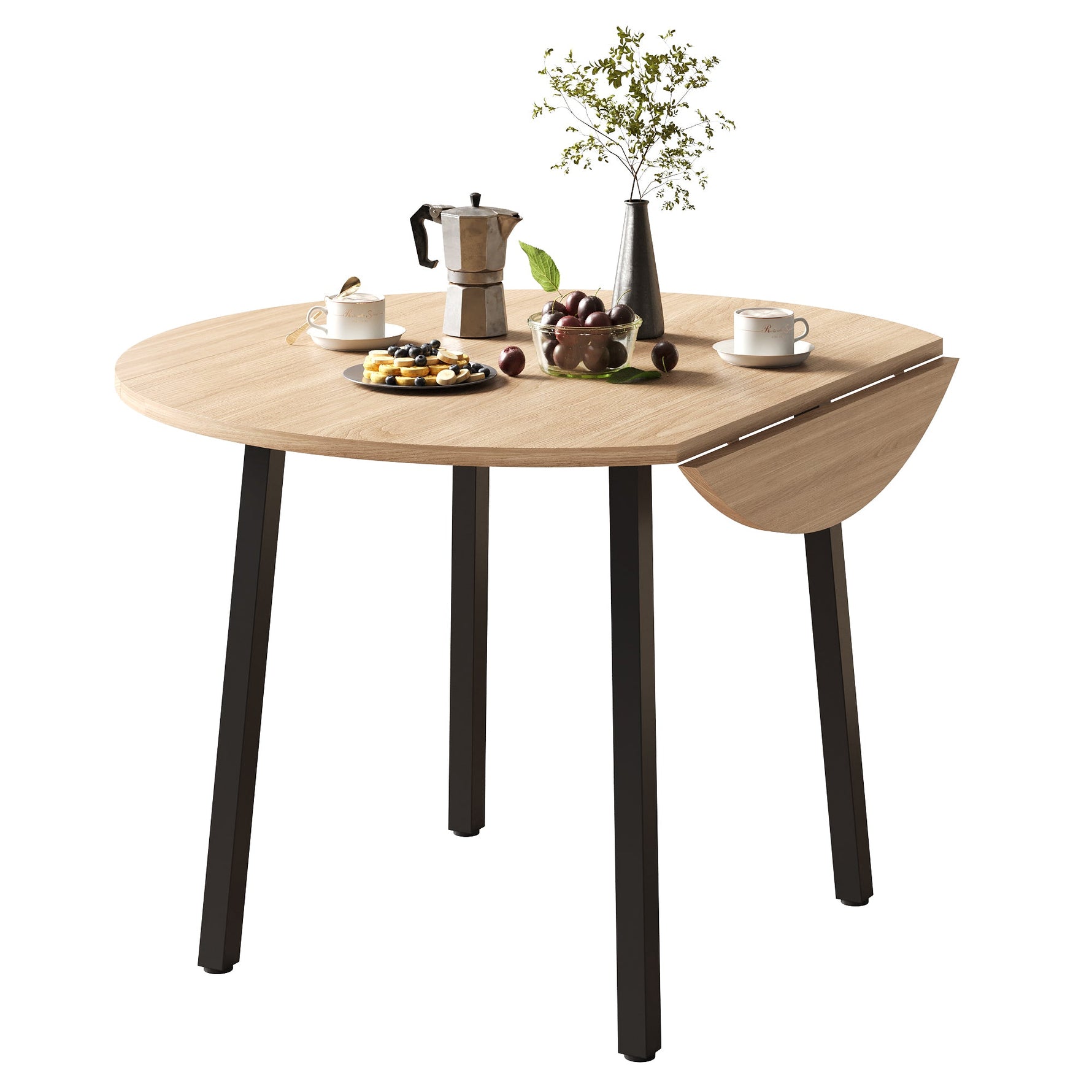 Folding Dining Table, Round 100x100cm, 2-4 Person, Metal Legs, Folding Top, Oak Color