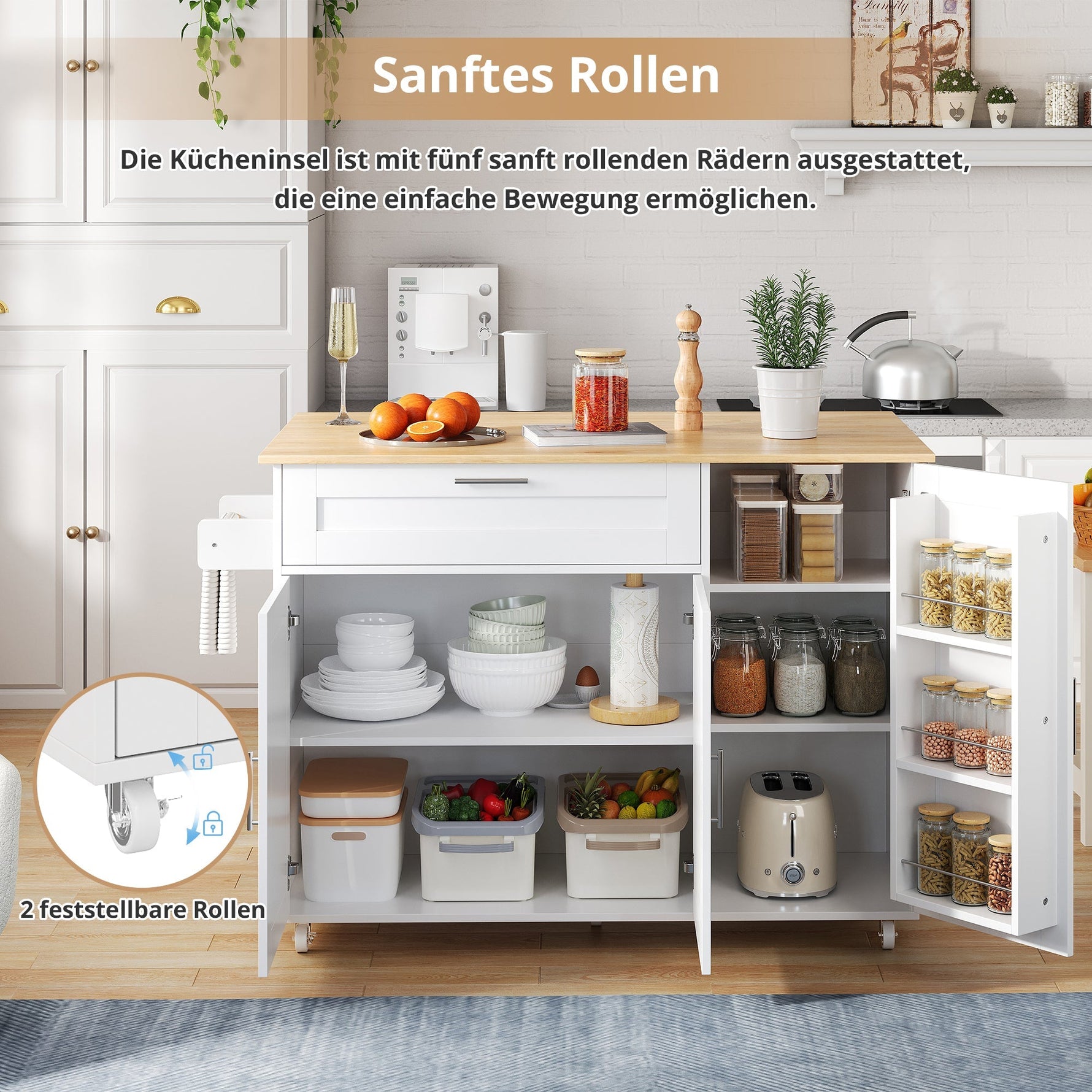 Mobile Kitchen Table 132.5cm Folding Worktop Storage Spice/Towel Rack - Oak Grain