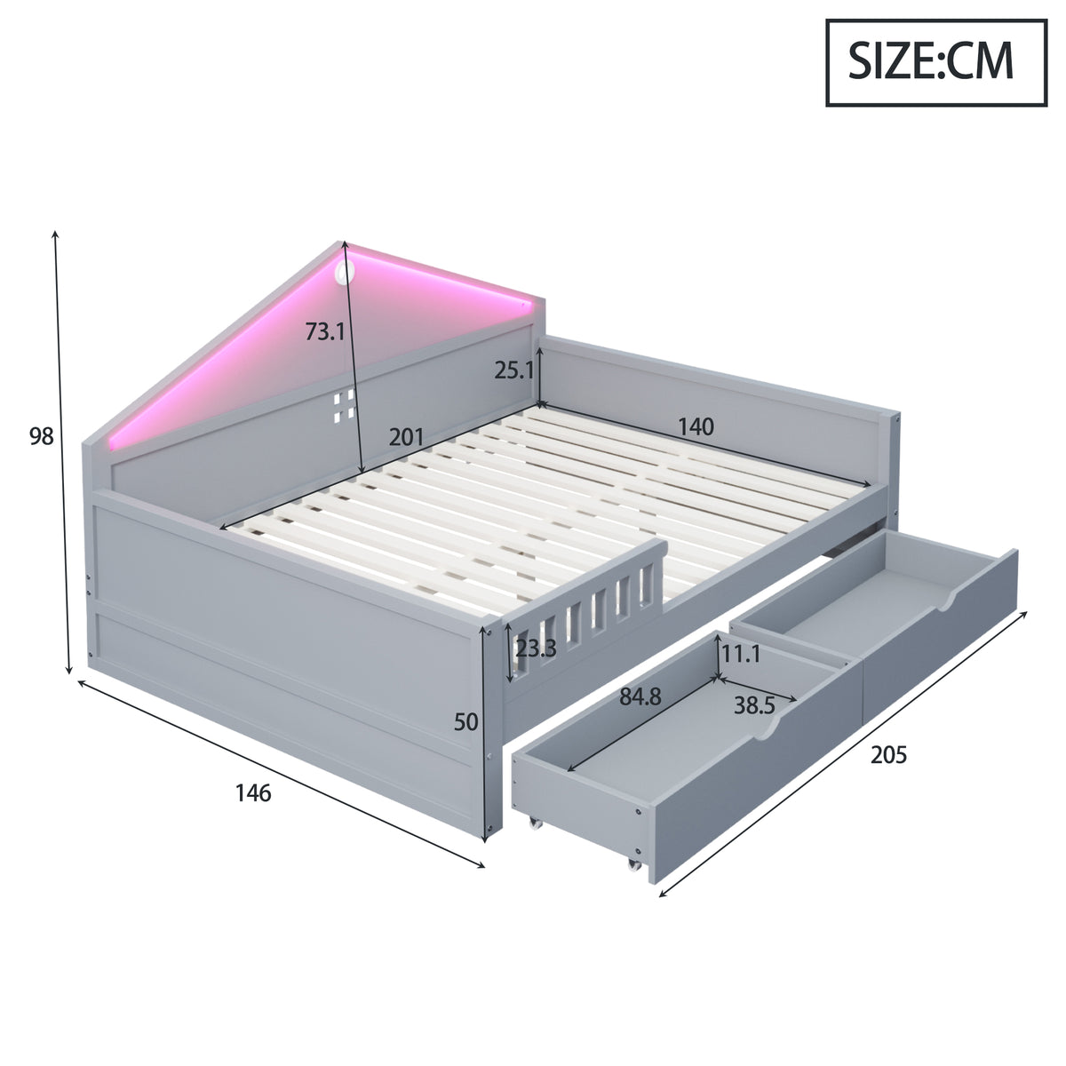 Children's Bed 140x200cm with Light Strip & Drawers, Grey