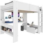 Loft Bed 140x200cm Gaming Desk LED Drawer Shelves - White