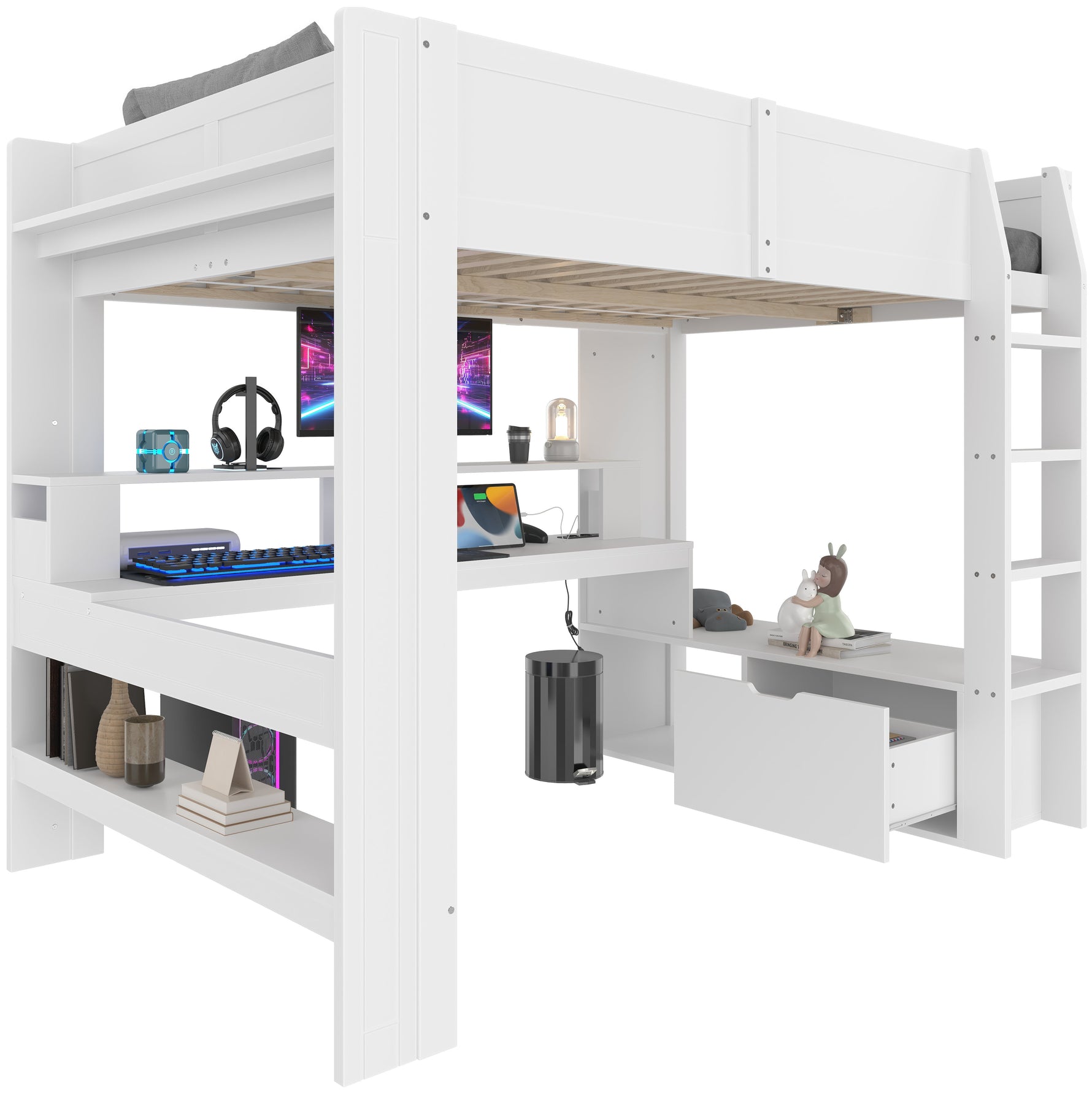 Loft Bed 140x200cm Gaming Desk LED Drawer Shelves - White