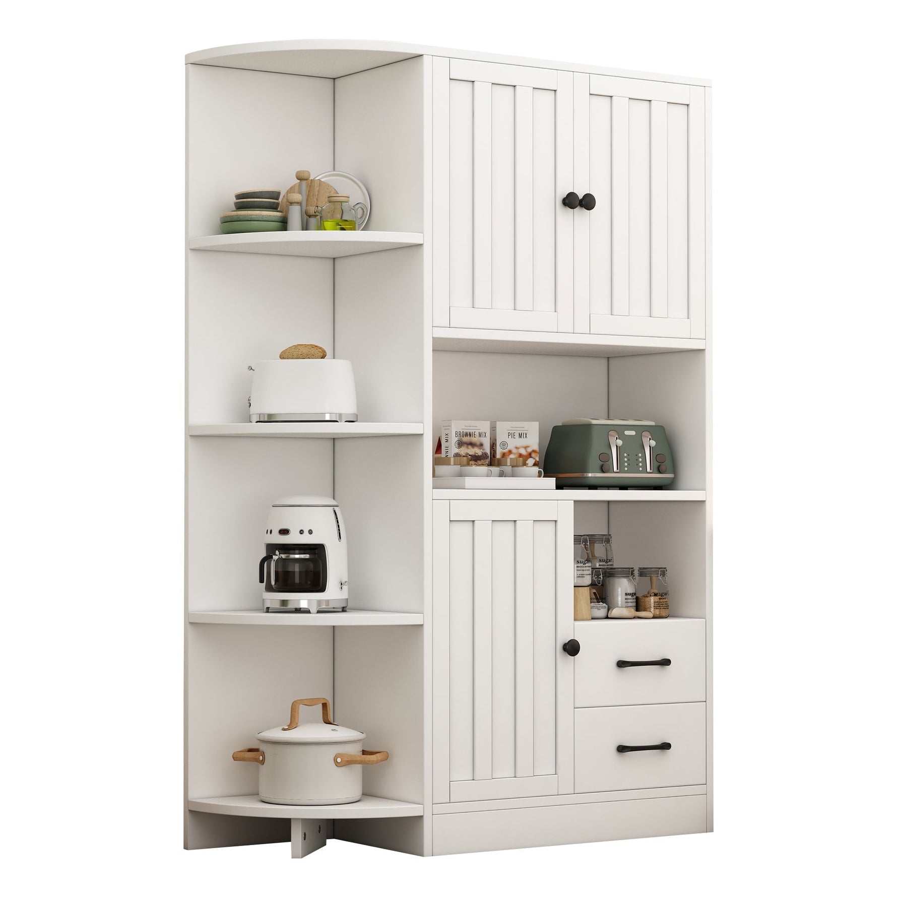 Corner Wardrobe Display Cabinet, 3 Cabinets 2 Drawers, 14 Storage Areas, 104x35x155cm, White