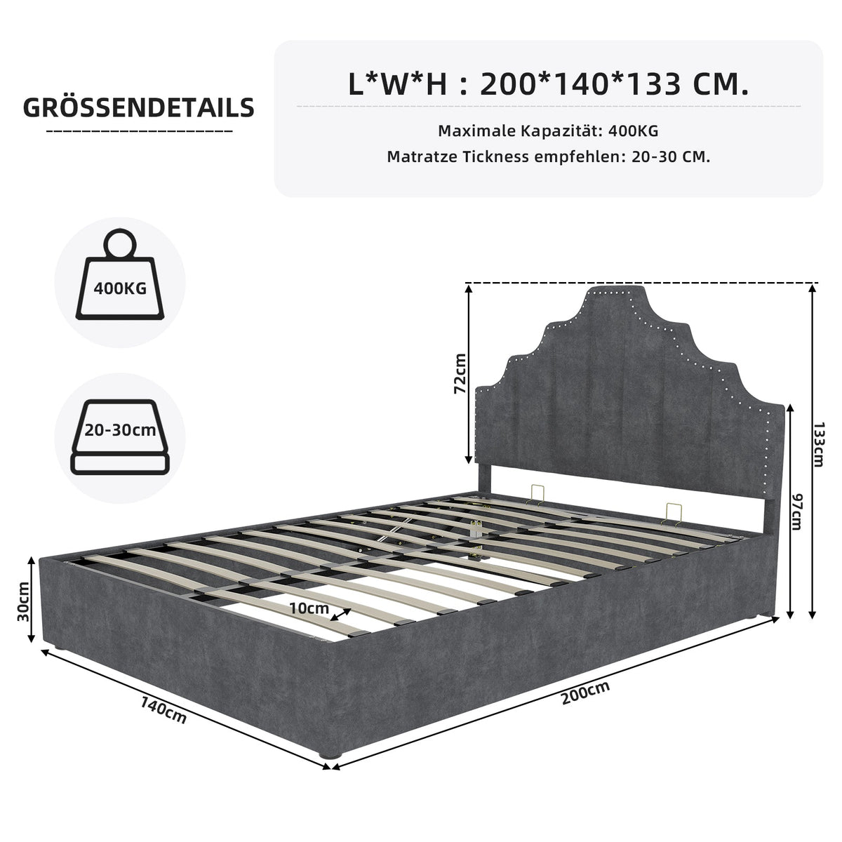 Modern Minimalist Soft Bed, 140*200CM, High Box Bed, Gray