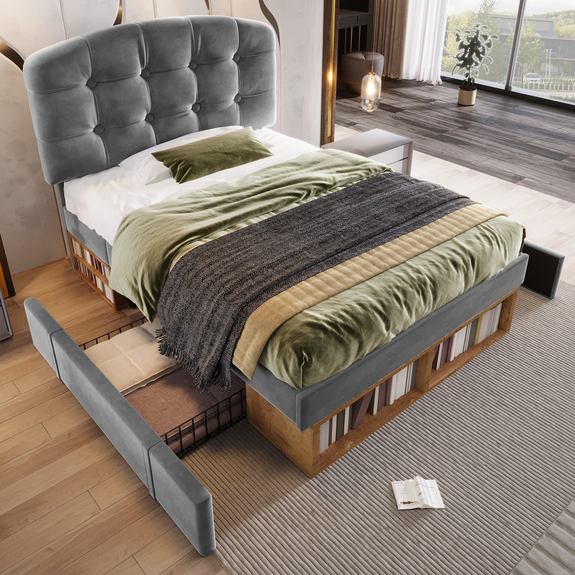 Upholstered Single Bed with Adjustable Headboard, Drawers and Storage, 90x200cm, Grey Velvet