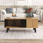 Coffee table with side table and drawer, versatile storage, wood and black design